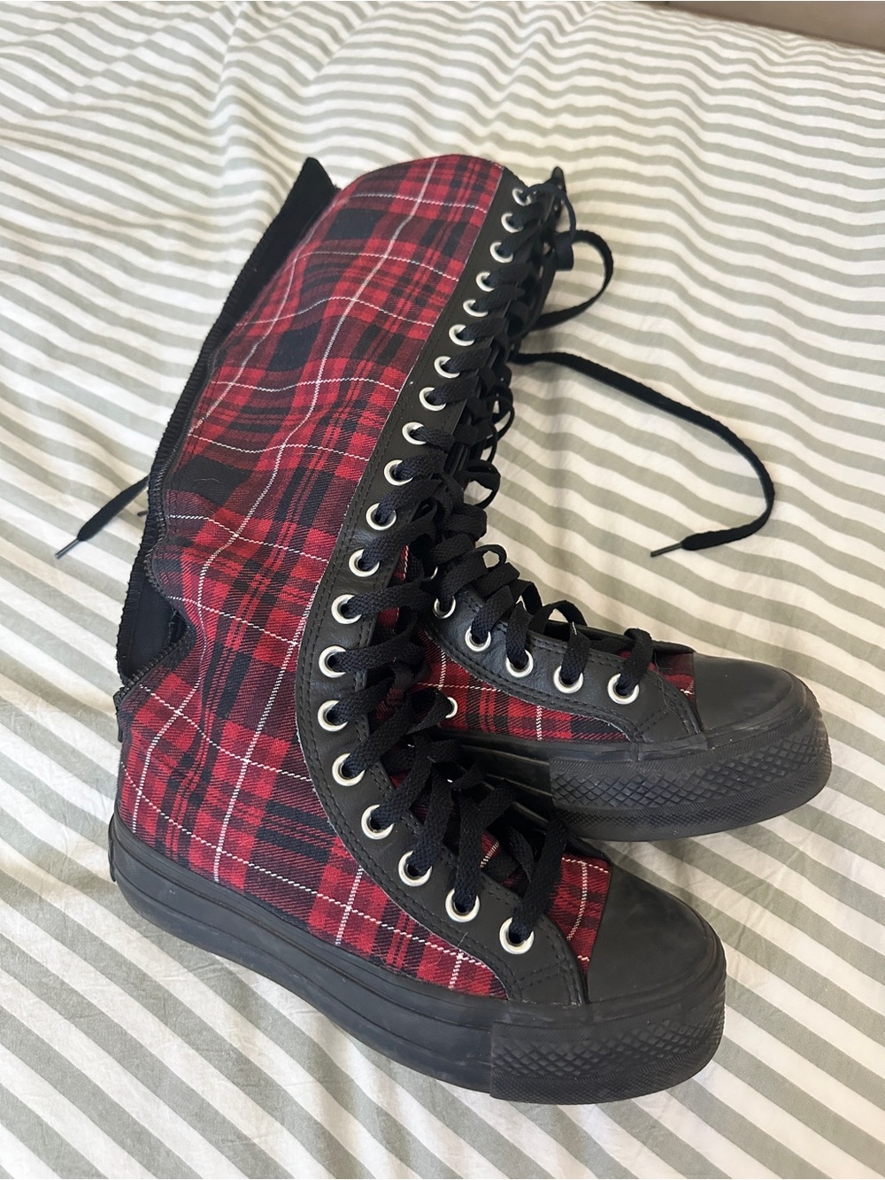 Converse Women's High-Top Lace-Up Boots - Red Plaid with Black Trim